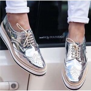 Shellys London Emma Women's Silver Metallic Oxfords, Size 7.5